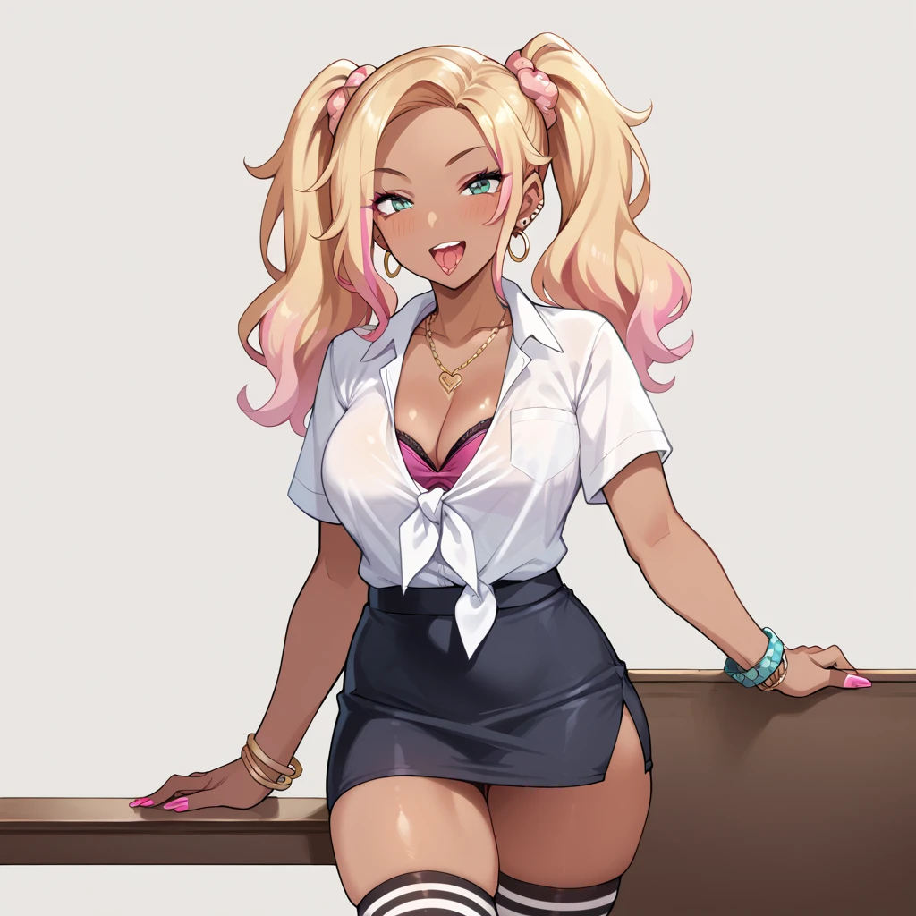 Gyaru, tied shirt, mini pencil skirt, Hip-high socks 