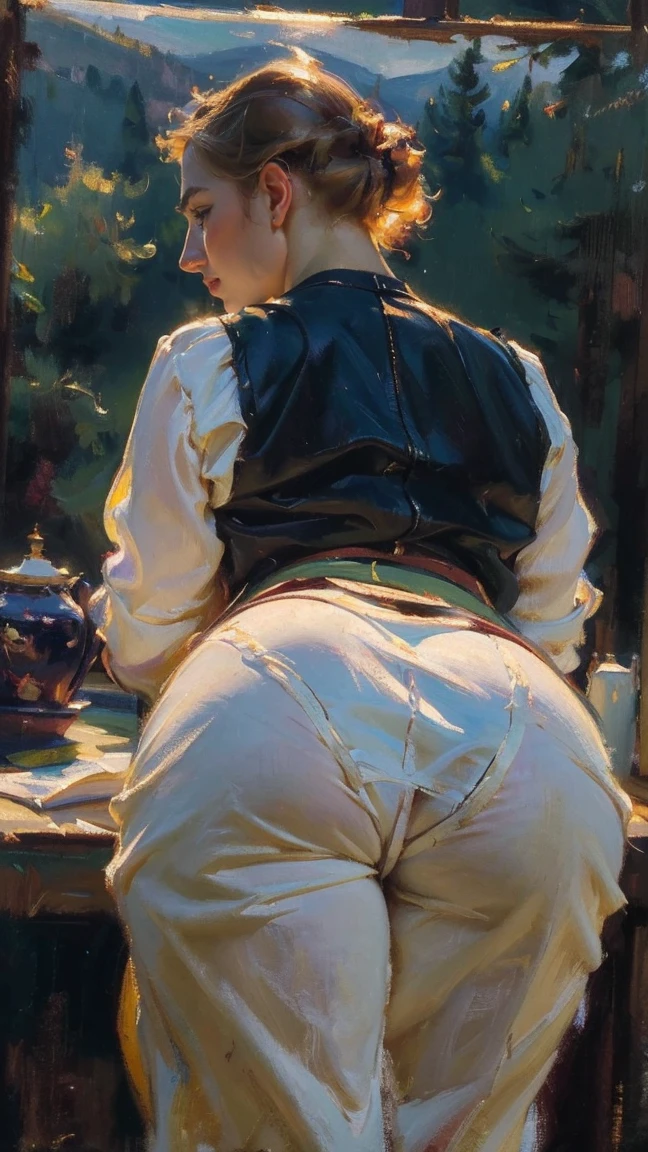 a woman, drooping eyes, ((styled old westerner oil painting)), eyes realistic sizing, pleated skirt, (round face), show off her detailed panties, open legs, pubic hair, angle from below, braid, 