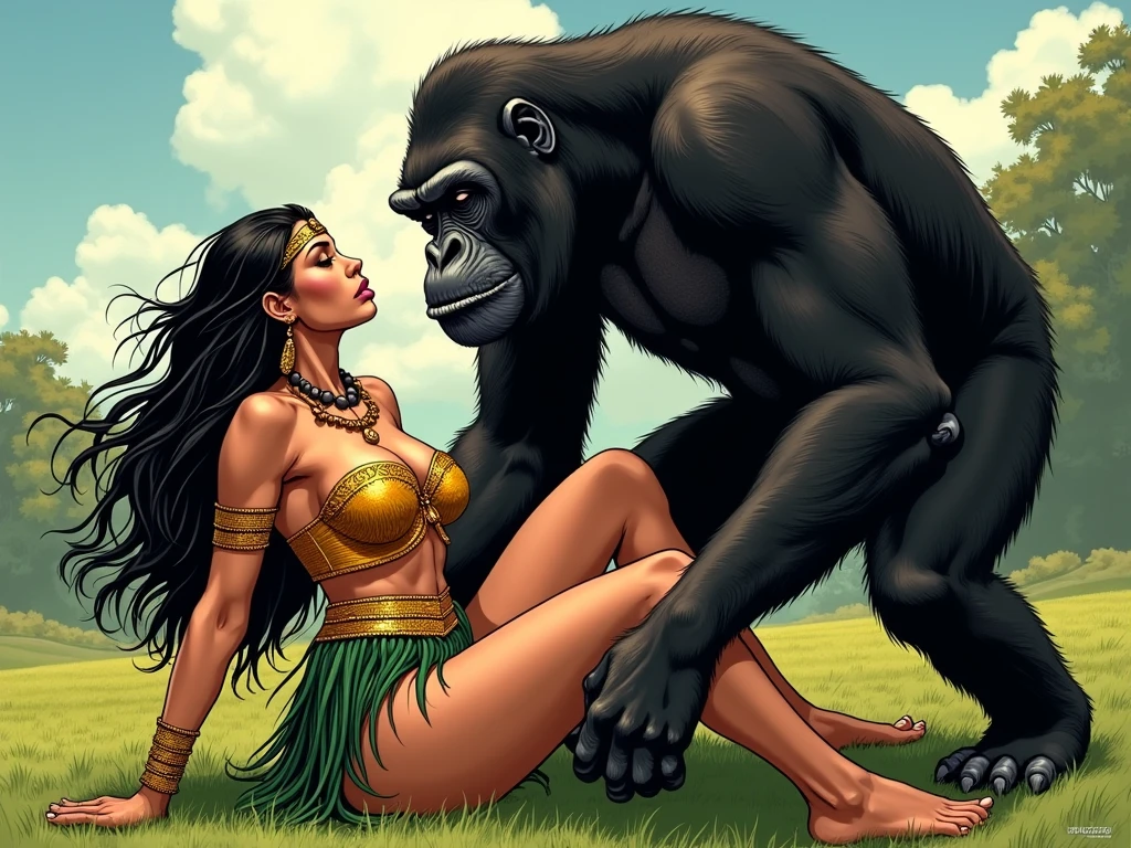 (Lara Croft, large breasts, sparse pubic hair) full body, vaginal fucking (giant male gorilla with huge gorilla penis) in ancient ruins in the jungle