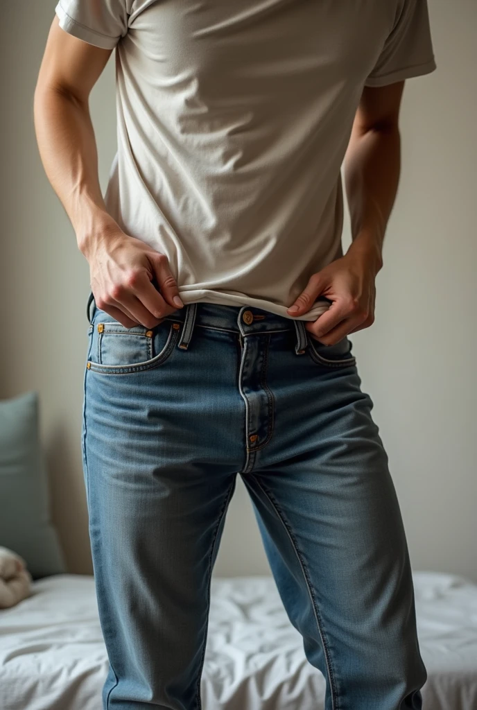 masterpiece realistic, best high quality, 1boy, solo, smile, navel, pulled up white t-shirt, dark blue denim jeans, shirt lift, grin, underwear peek, brown hair, arm hair, abs, navel, navel hair, pubic hair peek, risque, muscular, city alleyway background at night
