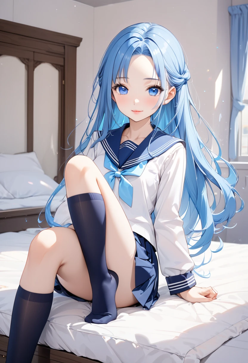 Masterpiece level, highest quality, little loli, white sailor suit, small leather shoes, double ponytail, seated, full body, ((cute), sexy, long blue hair, large, ultra-see-through, (thighband pantyhose, white pantyhose: 1.3), miniskirt, (textured skin, anatomically correct, masterpiece, UHD, ccurate, high details, super detail, high quality, best quality, highres, 1080P)),outdoors,(,Skin Radiance,Skin Quality:1.6)(14 years old), (Loli), (Fair Skin, (Beautiful Girl: 1.5), (Skin Quality: 1.5), ( Glossy Skin: 1.3), (Beautiful Girl), (Superb Body), Short Hair, (Straight Hair), (Blue Hair)), Hair with Beautiful Details, [Blur]