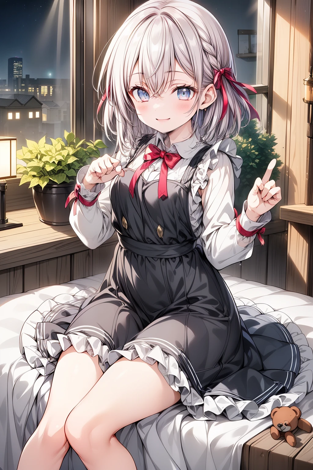 (masterpiece), (best quality), (ultra-detailed), (high resolution), (sharp focus), (anime style), (soft lighting)

Arya, (short white hair), (big dark eyes), (tiny and adorable ****-like figure), (small and innocent features), (gentle blush on her cheeks), (joyful and pure expression), (bright, wide smile)

Outfit: (cute, frilly dress with lace details and bows), (small matching shoes), (soft pastel colors in her outfit), (delicate accessories like a small ribbon in her hair)

Props: (holding a small, plush osito bear with one hand), (the osito looking fluffy and huggable, in a cute sitting pose), (Arya’s other hand resting behind her back)

Scene: (indoors, cozy room with soft, pastel colors), (warm and inviting atmosphere), (nighttime, with moonlight filtering through the window), (dark sky with twinkling stars visible outside the window), (soft artificial lighting inside, casting a warm glow on Arya)

Pose: (standing, Arya holding the osito bear in front of her with one hand, while her other hand is gently resting behind her back), (looking at the camera with a loving and content smile), (expression full of happiness and affection)

Comandos negativos: (deformed hands:1.5), (deformed fingers:1.5), (extra fingers:1.5), (bad anatomy:1.5), (weird proportions:1.5), (bad fingers:1.5), (bad hands:1.5)