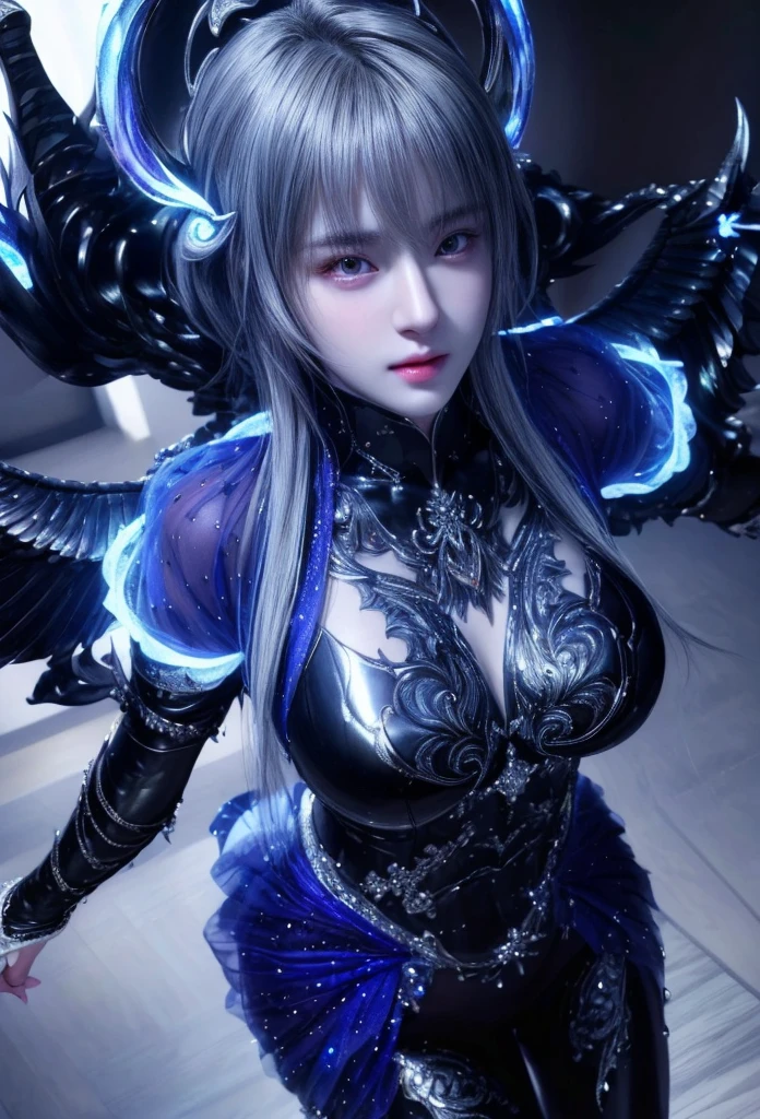 an ultra-detailed hyper-realistic photograph woman Angry smiling fashion futuristic magic with feathers bioluminescent filigree hexagon pattern, artificial shading in futuristic neon light, designed by Rei Kawakubo and Gareth Pugh, midnight aura, dreamy, glowing, backlit, glamour, glow, shadows, oil on canvas, brushstroke, ultra sharp focus complex art masterpiece menacing epic trending on artstation by artgerm , H. r. giger and beksinski, highly detailed, vibrant, sharp focus, amazing colors ✨❤️ Gs Studio, detailed details, long exposure time, f/8, ISO 100, 1/125 shutter speed, diffused backlight, award winning photography, looking at the camera, looking into the camera, monovisions, perfect contrast, high sharpness, facial symmetry, depth-of-field shots, ultra-detail photography, ray tracing, global illumination, Studio Gs Cinema HD