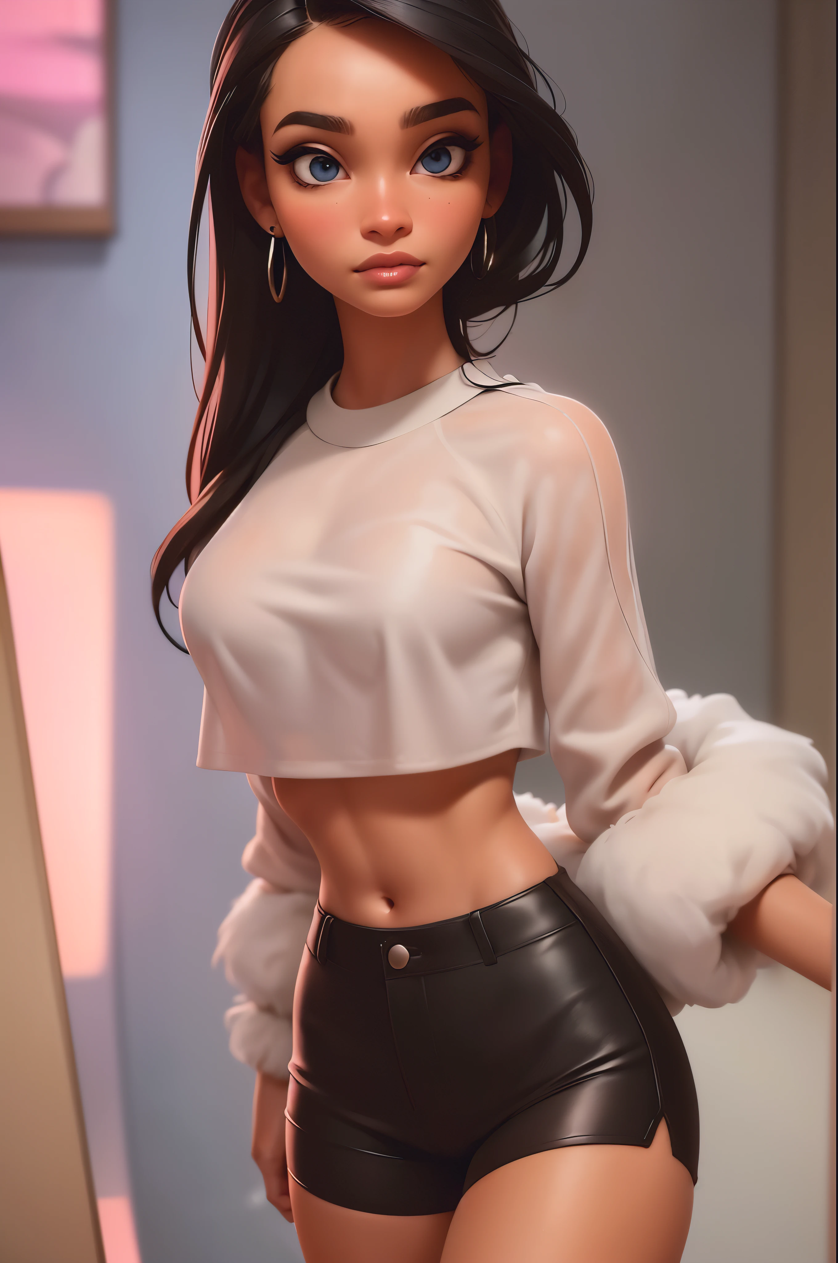 A woman who is，Wear a thin white bottom off-the-shoulder skinny sweater，Very sexy shoulders and collarbone，Puff breasts， The bottom is a cute miniskirt in taupe，There are also metal chains on it，There is a feeling of SM，The legs are beautiful, Superskirt, The socks and boots on my feet made my legs look even more beautiful。Sensual nature, Sexy and good-looking lingerie，Red underwear，When you look in the mirror, you feel like you're messy。