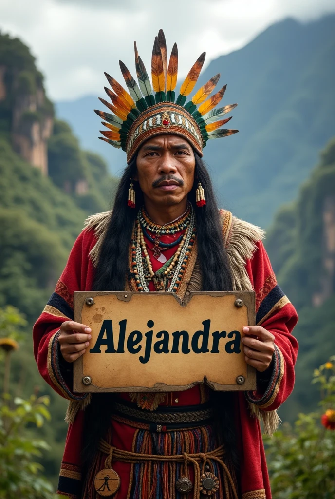 Create a logo that says ALD with an indigenous person holding a trophy and a gun, with an Argentine flag with bullet holes behind the indigenous person.
