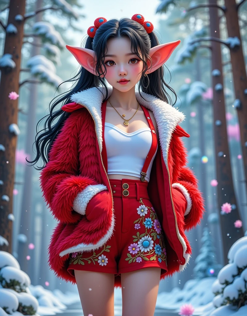  cute女孩， a girl ，((( Very small and very tiny body))), ((动漫 Goblin 有极其可爱和美丽的辫子头发)), ((( Goblin ,  Goblin 耳朵))), (((Big ))), ((((Black Hair:1.35, Twin ponytails,  Dyed inside hair, Ear Breathing )))), (((Red Eyes:1.3, ))), complex的眼睛,  Beautifully detailed eyes,  symmetrical eyes , ((( smooth skin:1.5,  Bright Skin:1.5,  dark skin ,  Shiny Skin , 非常 Shiny Skin ,  Shiny body , Plastic Glitter Skin,  Exaggerated shiny skin, Glowing skin))), Detailed body, ( detailed facial ),  cute, Bold, Absolute Domain,  Exposing clothing,  Reveal your skin, ((( Sexy red fur coat,  Red fur suit,  Wearing a red fur coat:1.3,  Red winter coat))), ((Red mini skirt, 带毛边的Red mini skirt,  Visible suspenders)), ( Pants with suspenders), (White Gloves, Red, Half naked, 带一点Red, ((( Original hem clothes)))), (((complex的服装, complex的衣服, embroidered clothing,  gorgeous costume , Embroidered clothes,  gorgeous clothes ))), ( dynamic posture:1.0), (center, The right proportions, Rule of Thirds), (( Snowy pine forest)), winter, landscape:1.25, ((complex的landscape)), ((snow forest background)), ( Smooth winter decorations),  high resolution,  clearly focuses , ( superdetail,  very detailed ), (Reality艺术作品:1.37), ( very detailed 的CG统一8k壁纸), ((( bright colors,  Vibrant theme))), (complex), (masterpiece), ( top quality), Artistic images, ( Photo taken by sldr), (complex的背景),  Perfectly rendered face,  Perfect facial details, real facial, Photo Realism, Analog style, (((complex的细节))), (((Reality))), (((camel toe))), (((white leotard)))