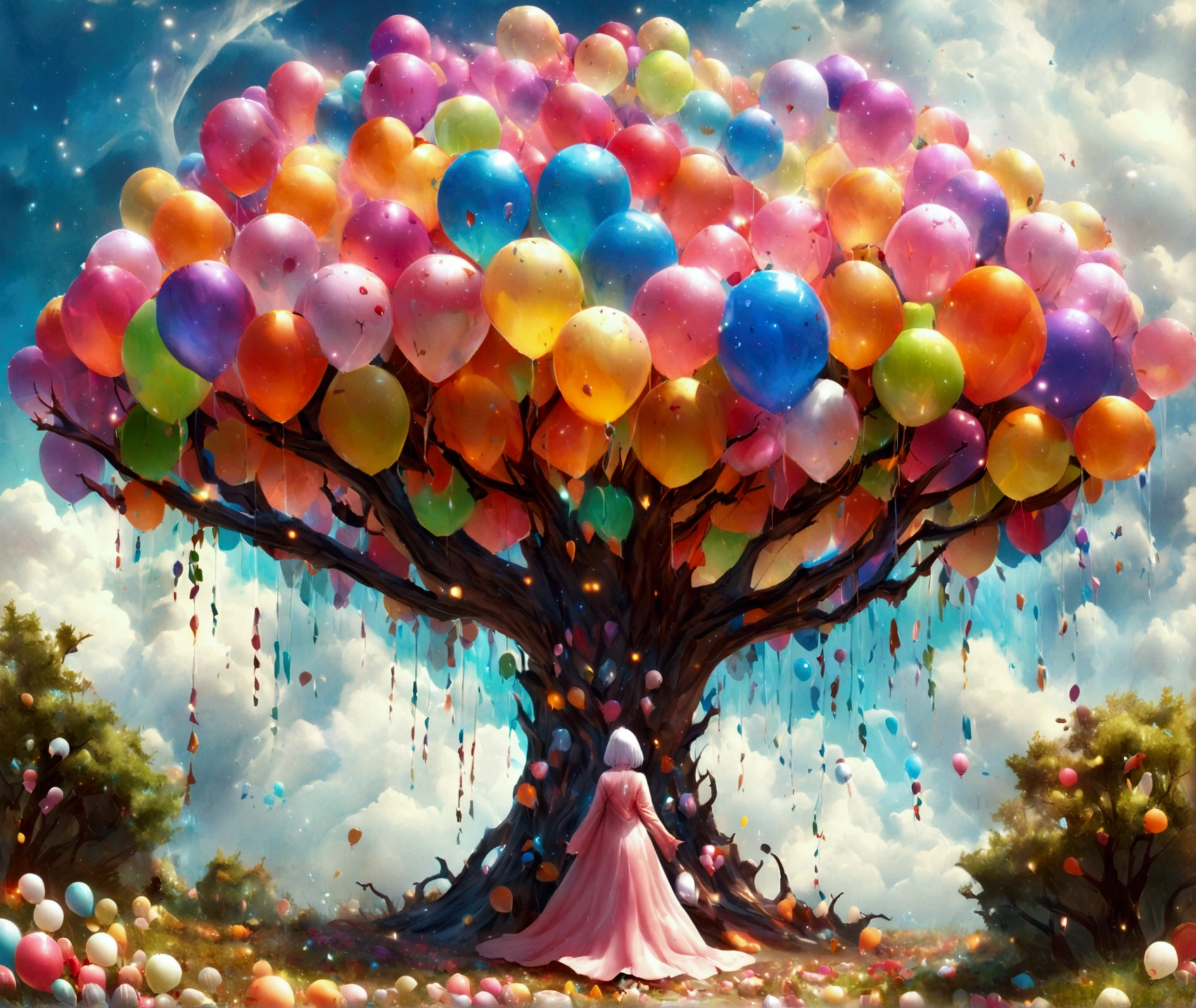  there is a woman wearing a robe standing in front of a tree made of balloons and candy, Magic Tree,  fantasy tree , Magic Tree, of an evil tree wizard, inspired  by Esau Andrews ,  candy forest , weird Alien Tree,  inspired by ESAO , !!! try Andrews!!!, Alien Tree,  by Esau Andrews , large Magic Trees, by ESAO, style of  try Andrews