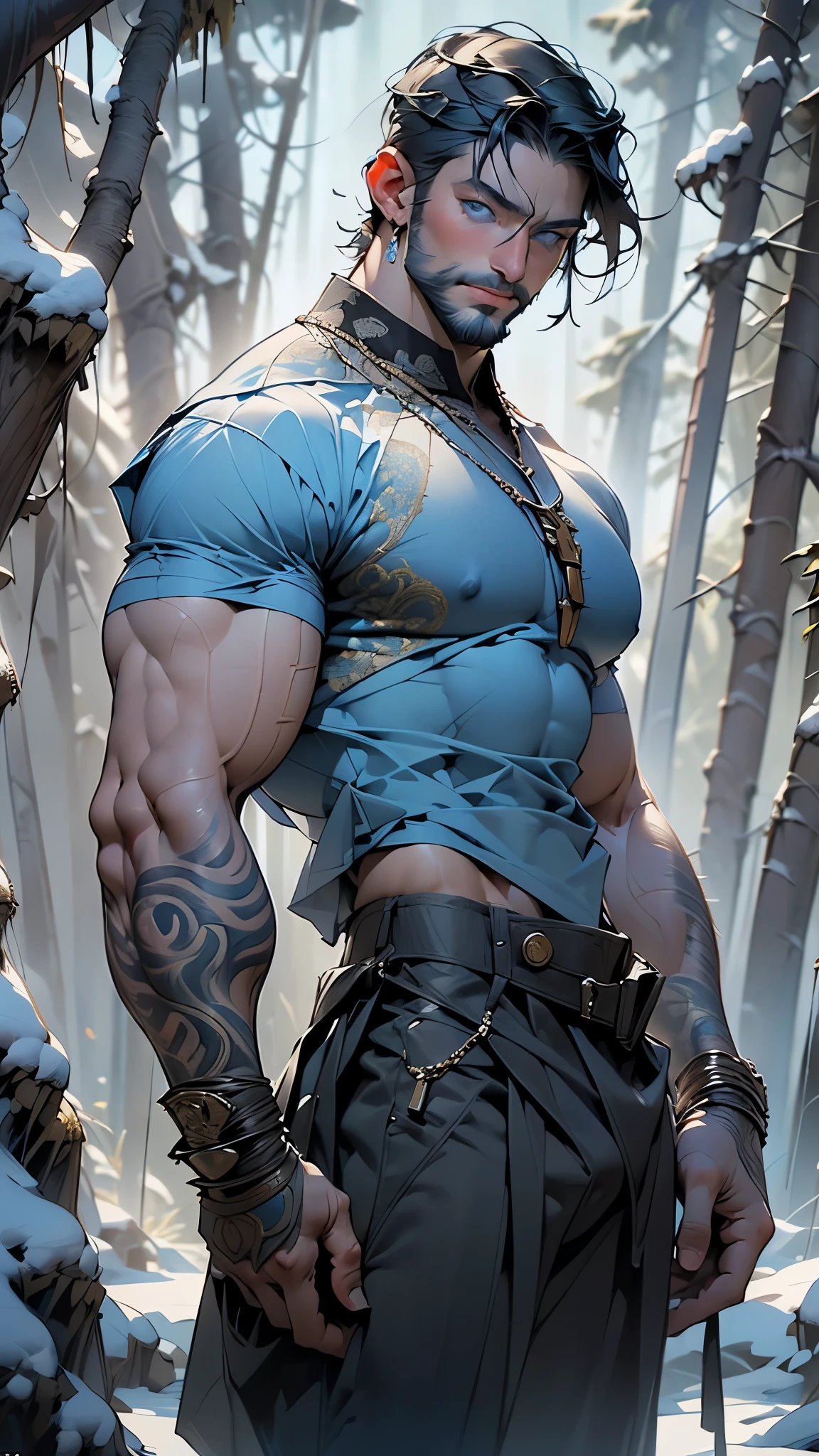 Arabian djinn,(male:1.5), (muscle, 1boy, big muscle, pectoral, muscular, Mature man,45 year old man,adult,1 man, old macho man), (((blue_eyes:1.3))),intricate eyes,beautiful detailed eyes,symmetrical eyes,short hair,modern very short black hair,djinn hair,musculatureAbs,(bluebeard:1.5)
(((blue skin:1.5,blue body:1.5,blue face;1.5))),
smile,
((body blue war paint)),wearing turban:1.2,wearing a blue silk dhoti, silks draped around his torso, slight smile, bulky, sinewy muscles,((bulge in pants)),(((intricate outfit,intricate clothes,ornate outfit))),
(dynamic pose:1.0),embarrassed,(centered,scale to fit dimensions,Rule of thirds,cowboy shot),
((snowy pine forest)),winter,scenery:1.25,((intricate scenery)),((snow forest background)),(Glossy winter ornaments),
highres,sharp focus,(ultra detailed,extremely detailed),(photorealistic artwork:1.37),(extremely detailed CG unity 8k wallpaper),(((vibrant colors,vibrant theme))),(intricate),(masterpiece),(best quality),artistic photography,(photography taken by sldr),(intricate background),perfect rendered face,perfect face details,realistic face,photo realistic,((intricate detail)),(((realism))),Deep Colors,dark fantasy art,