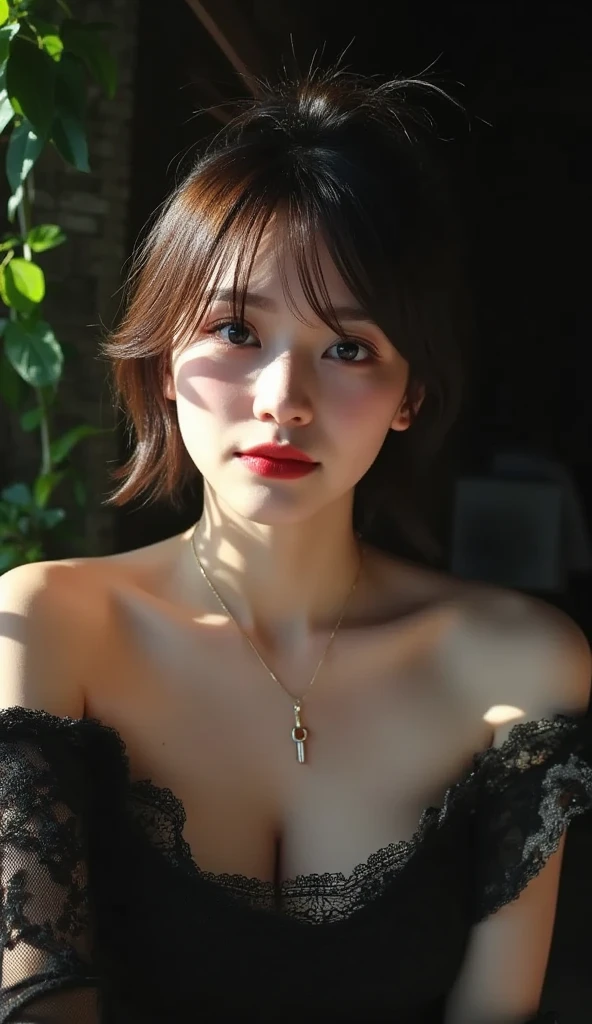 ((Highest quality)), ((masterpiece)), (detailed), One girl, Backlight, backlit, in the dark, offshoulder, in the dark, short hair, sexy look, leaf shadow