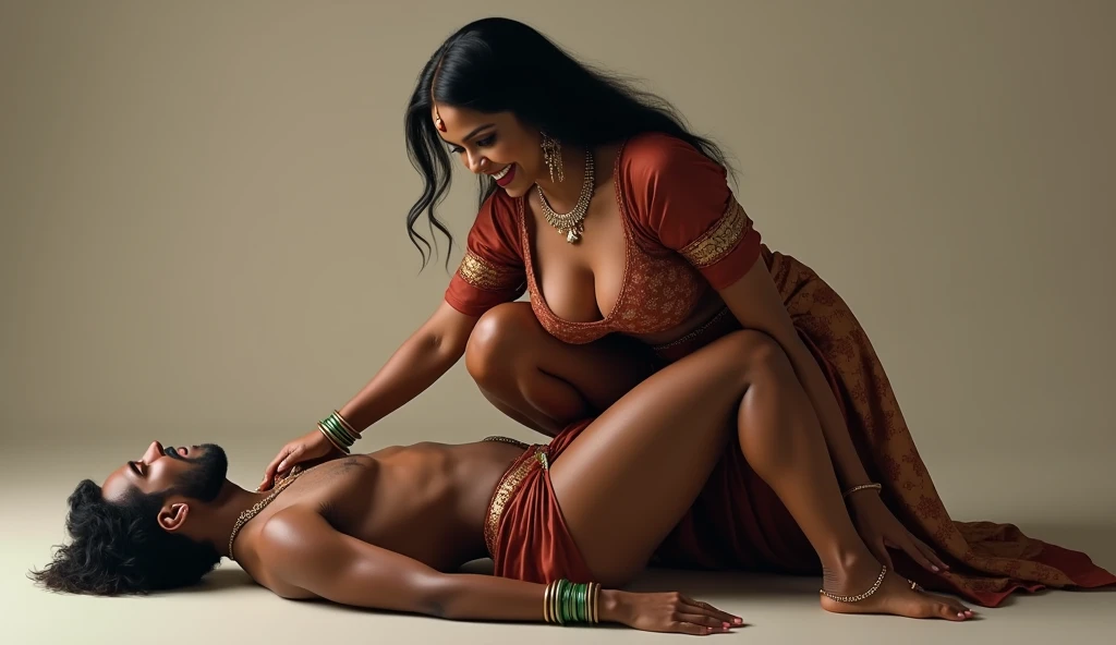 ((best quality)), ((masterpiece)), (detailed), an indian woman 40, stunning ass, is (((squatting directly upon a indian man))) who is laying on the floor, real photo, humanoide, 8k, (crushed under ass), over the knee socks and Stringkini, , footwear, wide angle photo,
