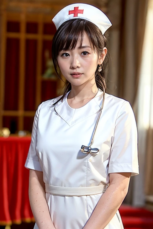 ( best quality, 8k, 32K, masterpiece,  ultra high resolution:1.2),  cute Japanese girl , (Big Breasts:1.1),  black short hair, bangs, 

(((  white nurse uniform standing in a palace))),  thin waist, (  knight 、 bed), upper body close-up、