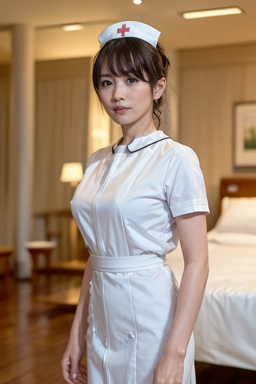 ( best quality, 8k, 32K, masterpiece,  ultra high resolution:1.2),  cute Japanese girl , (Big Breasts:1.1),  black short hair, bangs, 

(((  white nurse uniform standing in a palace))),  thin waist, (  knight 、 bed), upper body close-up、