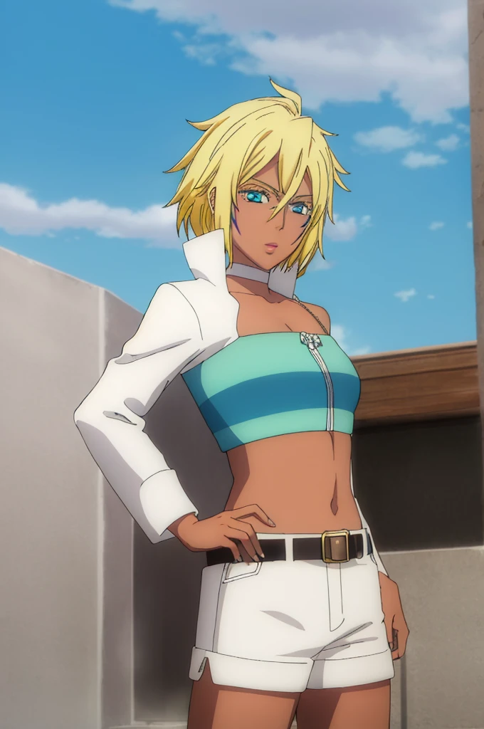 halibeltier, halibel tier, short hair, blonde hair, green eyes, dark skin, dark-skinned female, facial mark,
BREAK black choker, off shoulder, cropped jacket, white jacket, long sleeves, midriff, belt, black shorts, short shorts, single thighhigh, fishnets,
BREAK outdoors,
BREAK looking at viewer, (cowboy shot:1.5),pose, hand on hip,
BREAK (masterpiece:1.2), best quality, high resolution,NSFW ,unity 8k wallpaper, (illustration:0.8), (beautiful detailed eyes:1.6), extremely detailed face, perfect lighting, extremely detailed CG, (perfect hands, perfect anatomy),