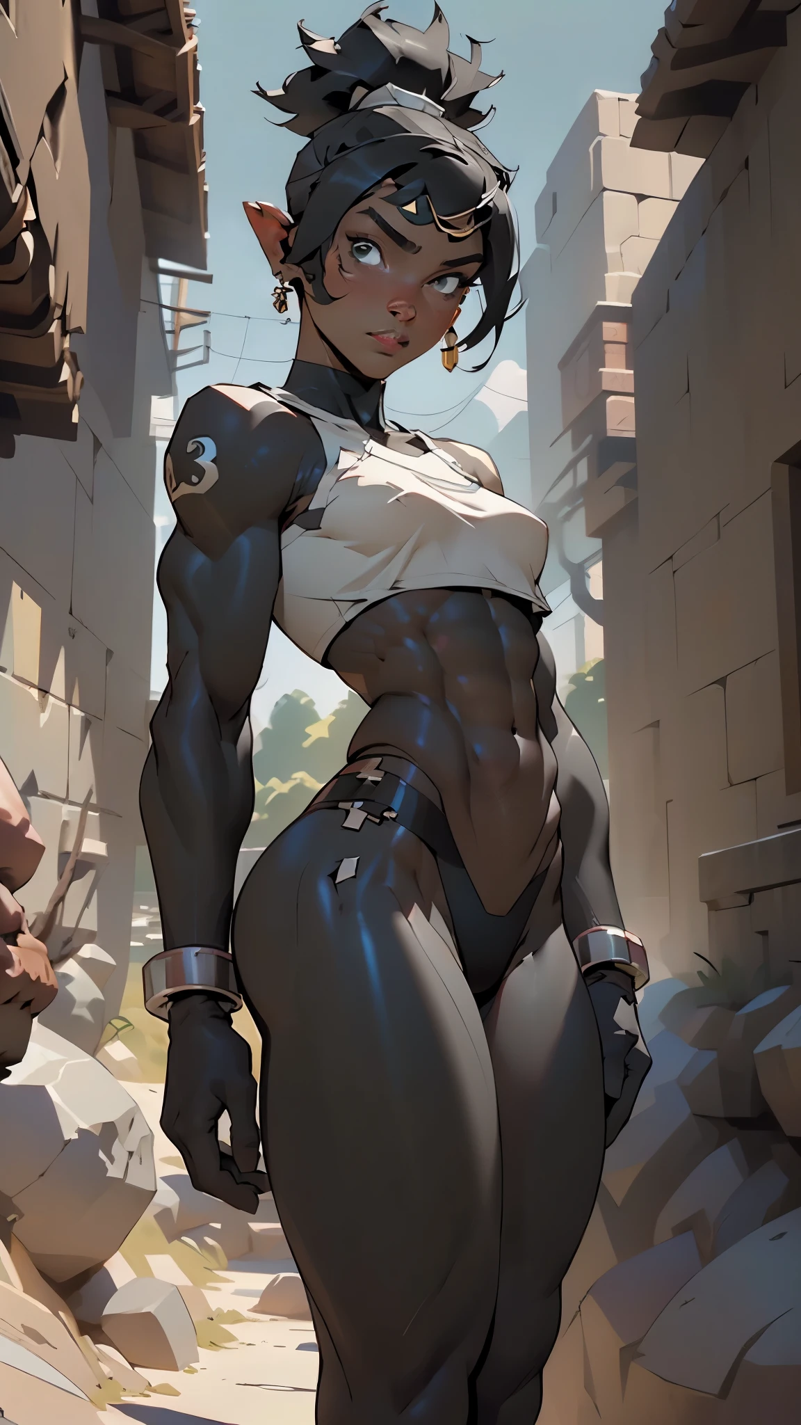 orc, orc girl, dark skin, mature orc girl, abs, toned,  long black hair,  heavy armor outfit, bikini armor, erotic expression, large breasts,((loincloth)),

((Ebony dark skin,very deep ebony skin,carbon black skin,(black race:1.2),dark skin:1.3,black skin:1.35,dark-skinned_female,dark skin:1.3,ebony skin:1.3,lustrous skin:1.5)),

muscle legs:1.5,muscular thighs:1.5,muscular girl:1.5,muscular:1.5,feminine and muscular,((ABS:1.5)),arm muscle:1.5,Strong physique,bulky:1.5

(dynamic pose:1.0),(centered,scale to fit dimensions,Rule of thirds,cowboy shot),

desert scenery:1.25,((stones scenery)),

((best quality)), ((masterpiece)), (detailed), Realistic Shadows, Detailed skin, Very detailed, highly detailed face, Perfect face shape, Perfect lips, Perfect nose, Correct beautiful eyes, Watching Viewer, Best Quality, (nsfw:0.5), ((flat chested, flat stomach, baby face)), (intense colors), ((3d)),
