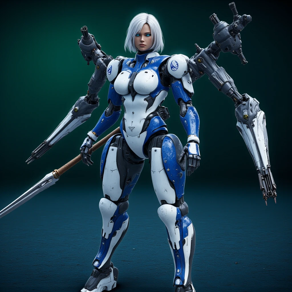 A hyper realistic illustration of a gorgeous woman with a perfect body and straight white hair coming out of her mecha blue and white colored mechanical cybernetic mecha armor with traces of rust due to use on a planet with a greenish atmosphere and blue soil. She is wearing a white latex catsuit with metallic blue details and planetary insignia.