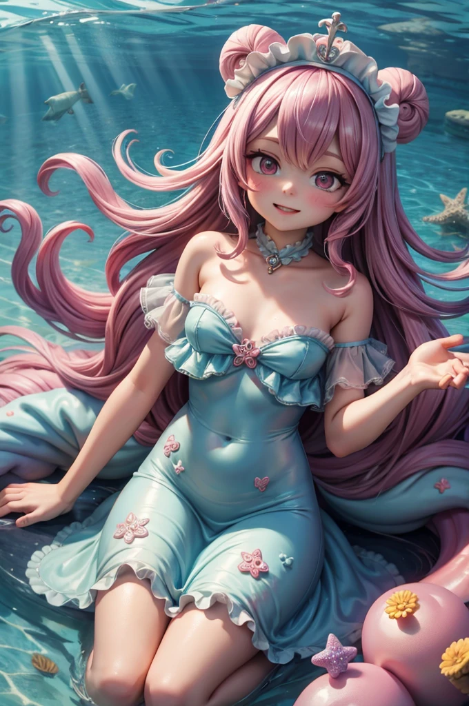 The castle where mermaids live Ocean summer Oceanの鮮やかな生き物 Ocean牛 Sea anemone coral Best Quality, Masterpiece, Ultra High Resolution, (Realisticity: 1.4), Original Photo, 1girl, Pink Off-the-Shoulder, Cinematic Lighting