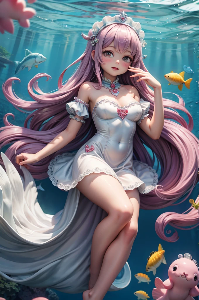 Girl,solo person,Best image quality,full body shot shot,((partial underwater shot,Busty)),neko girl,Cat eyes,long eyelasher,Sparkling pupils,Glass lip,Cat ears,is shy,Pink Long Hair,Messy hair,eardrop,lace-trim,Maid clothes,Ballet shoes,are standing,flower  sea,borgar