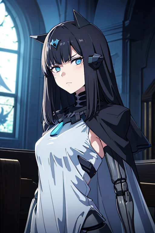 best quality, highly detailed, dark shadows, inside a church, moonlight, bioluminescence , Nitorization, 9a91normal, 1girl, glaring, empty eyes, expressionless, ( mechanical arms:1.1), blue capelet, (blue dress:0.75),long veil, headgear, black arms, upper body, from the front,