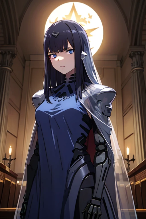 best quality, highly detailed, dark shadows, inside a church, moonlight, bioluminescence , Nitorization, 9a91normal, 1girl, glaring, empty eyes, expressionless, ( mechanical arms:1.1), blue capelet, (blue dress:0.75),long veil, headgear, black arms, upper body, from the front,