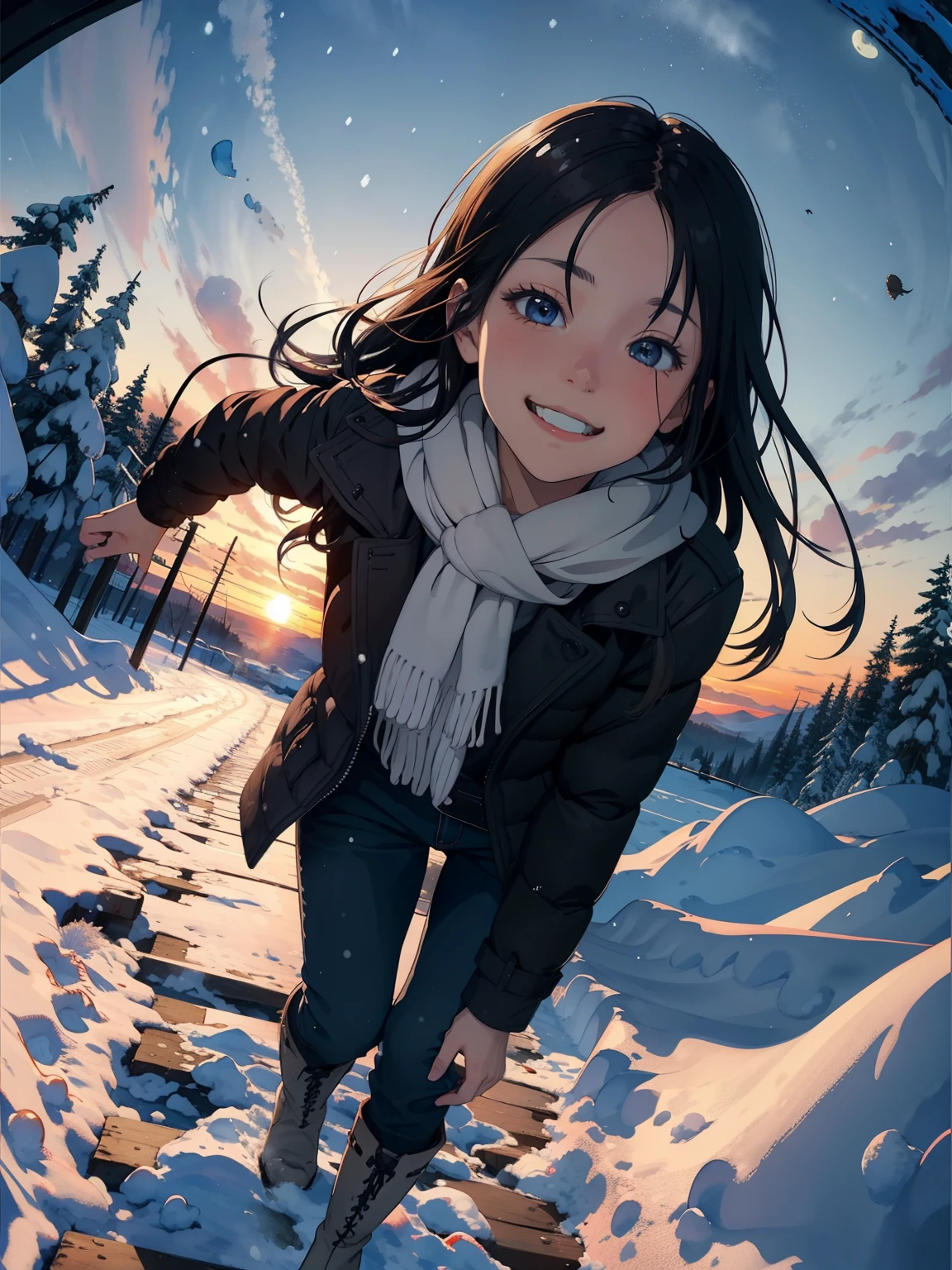 masterpiece, best quality,High image quality,( super flat, Flat Shading ), Fisheye Lens , with a beautiful petite trained young mother、Very cute trained girl:1.25, warm scarf, (naked),Long Hair, boots, smile, smile, White Breath,steam,fun, play, winter, snow, dusk, beautiful sunset ,Wide angle, bright color , watercolor, Ghibli Style,Strong winds, girl'lure,