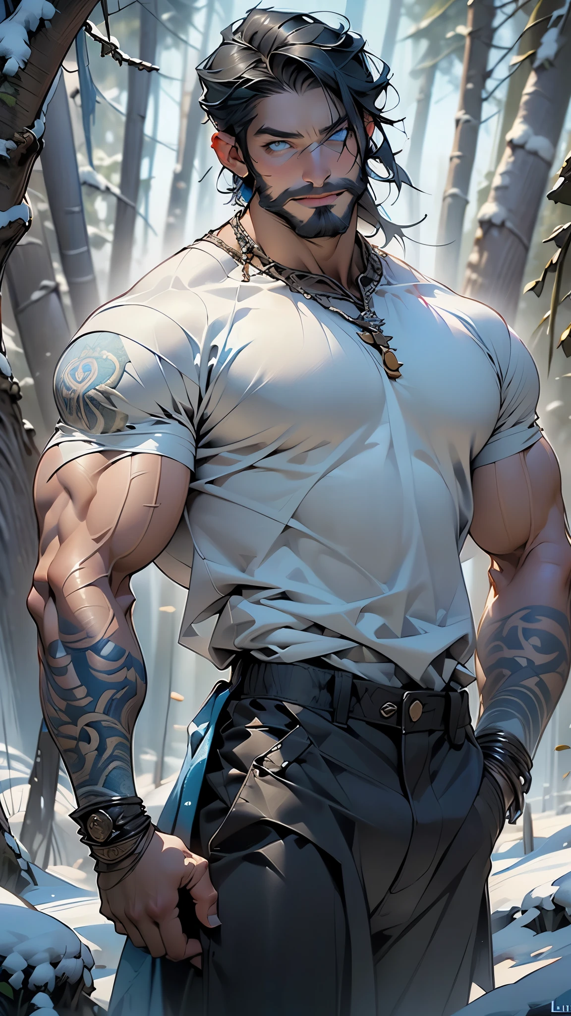 Arabian djinn,(male:1.5), (muscle, 1boy, big muscle, pectoral, muscular, Mature man,45 year old man,adult,1 man, old macho man), (((blue_eyes:1.3))),intricate eyes,beautiful detailed eyes,symmetrical eyes,short hair,modern very short black hair,djinn hair,musculatureAbs,(bluebeard:1.5)
(((blue skin:1.5,blue body:1.5,blue face;1.5))),
smile,
((body blue war paint)),wearing turban:1.2,wearing a blue silk dhoti, silks draped around his torso, slight smile, bulky, sinewy muscles,((bulge in pants)),(((intricate outfit,intricate clothes,ornate outfit))),
(dynamic pose:1.0),embarrassed,(centered,scale to fit dimensions,Rule of thirds,cowboy shot),
((snowy pine forest)),winter,scenery:1.25,((intricate scenery)),((snow forest background)),(Glossy winter ornaments),
highres,sharp focus,(ultra detailed,extremely detailed),(photorealistic artwork:1.37),(extremely detailed CG unity 8k wallpaper),(((vibrant colors,vibrant theme))),(intricate),(masterpiece),(best quality),artistic photography,(photography taken by sldr),(intricate background),perfect rendered face,perfect face details,realistic face,photo realistic,((intricate detail)),(((realism))),Deep Colors,dark fantasy art,