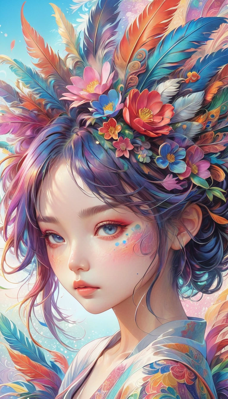 Zen painting illustration,anime art style,masterpiece,top quality,best quality,official art,beautiful and aesthetic,(1girl:1.2),extremely detailed,colorful,flowers,highest detailed,zentangle,abstract background,shiny skin,many colors,feathers,