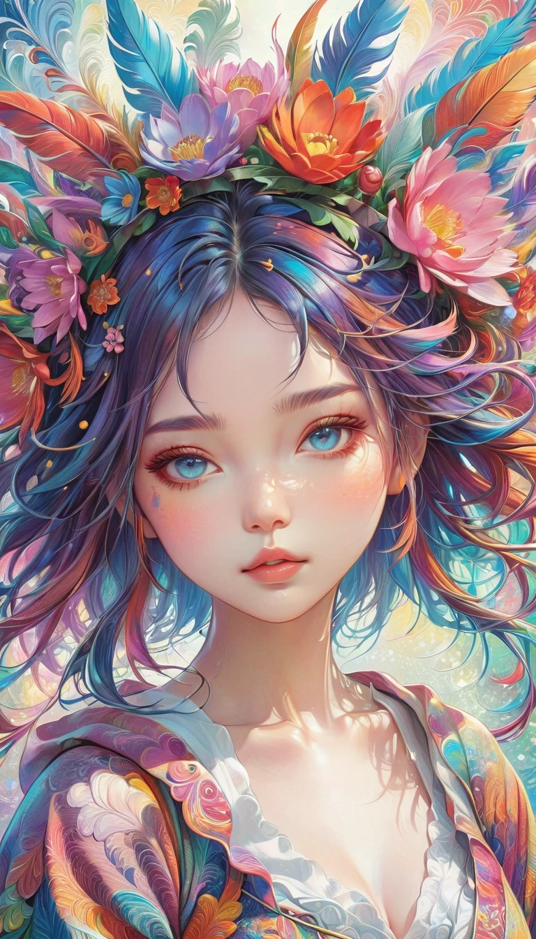 Zen painting illustration,anime art style,masterpiece,top quality,best quality,official art,beautiful and aesthetic,(1girl:1.2),extremely detailed,colorful,flowers,highest detailed,zentangle,abstract background,shiny skin,many colors,feathers,