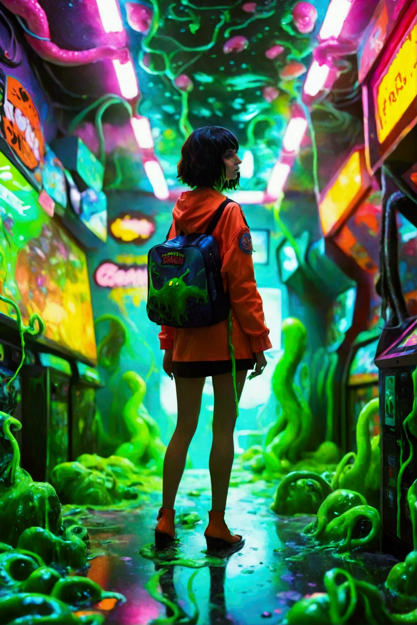  close-up of a woman standing in a game center with green floors, Green Slime, Green Slime everywhere, Neon Radioactive Swamp , Green Slime dripping, Alien's room, Cosmic horror style, Ectoplasm, Indie Video Game Horror, alternate  album cover , Oozing,  album cover ,  just a joke , Slime and tentacles, Reptile slime