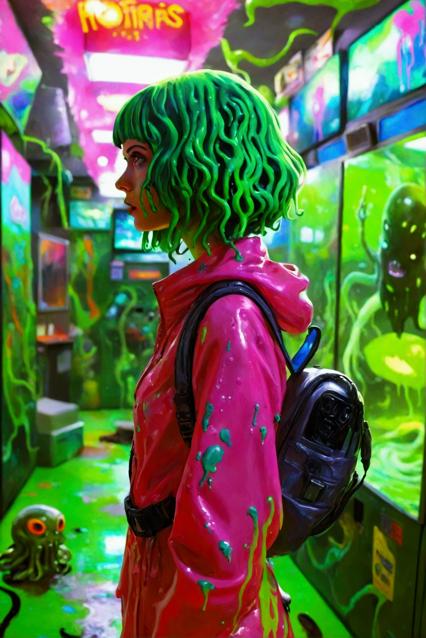  close-up of a woman standing in a game center with green floors, Green Slime, Green Slime everywhere, Neon Radioactive Swamp , Green Slime dripping, Alien's room, Cosmic horror style, Ectoplasm, Indie Video Game Horror, alternate  album cover , Oozing,  album cover ,  just a joke , Slime and tentacles, Reptile slime