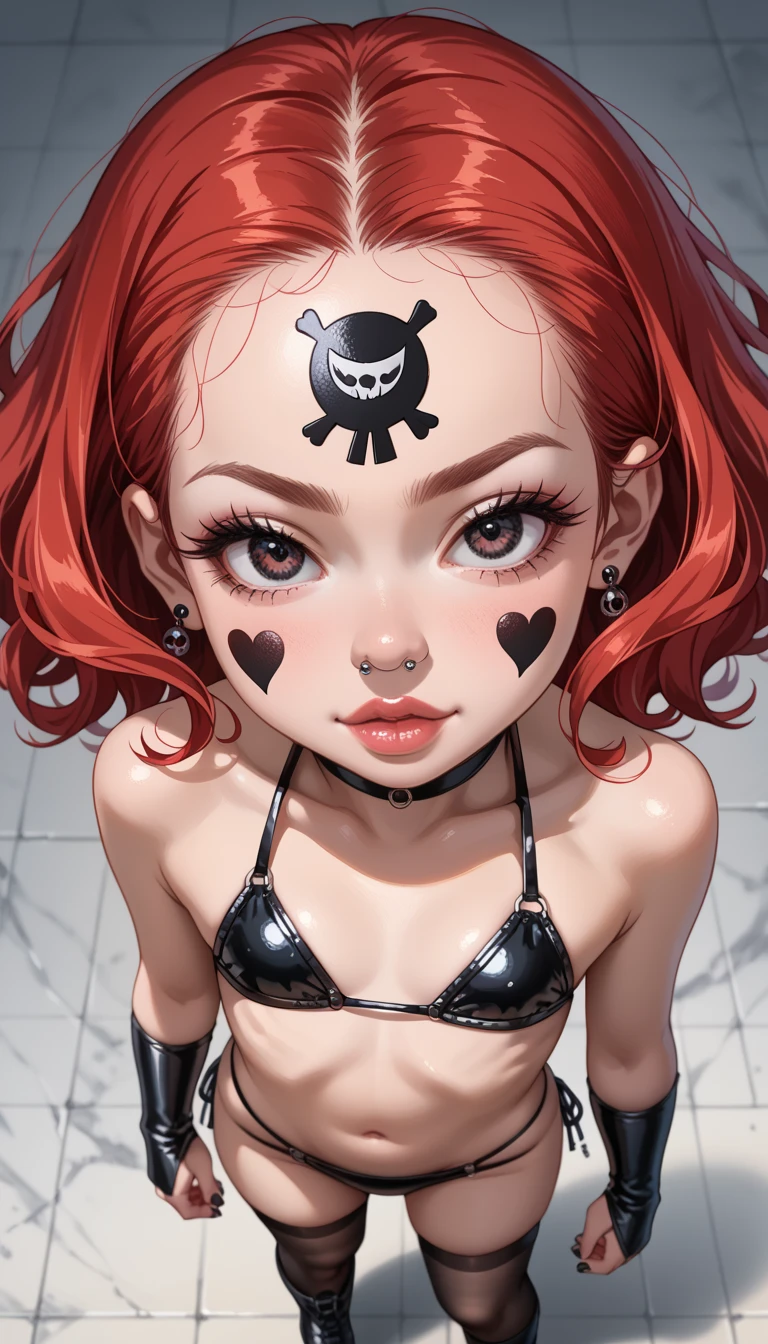 score_9, score_8_above, score_7_above, score_6_above, colorful,  dynamic angle ,  has,black latex bikini ,  Young, cute face, Asian, standing,  a goth girl with a nose piercing, ((red hair, villain)), intense eyes,  smiley face ,  detailed face tattoo ,  beautiful and detailed lips ,  extremely detailed facial features , dark clothes,  frowning expression , iluminação drahastica, Dark fantasy, Black art, dark gothic,  sure