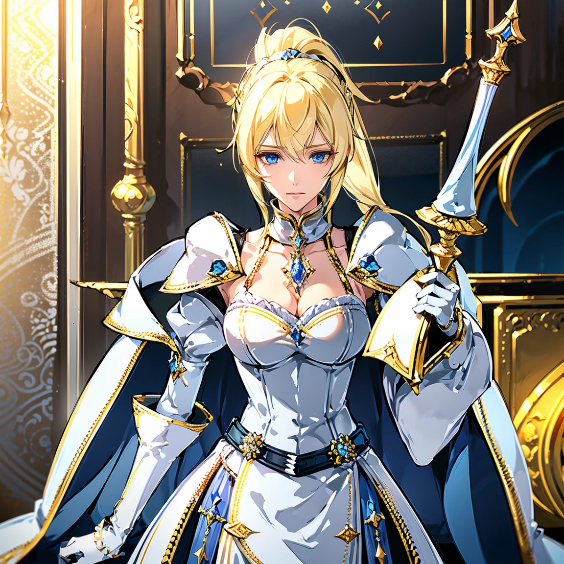 masterpiece,best quality,(Beautiful woman solo),cool face,blonde hair, ponytail,blue eyes,sharp bangs,slanted eyes,(glare),(light smiles),(cleavage),(detachable collar),cloak with a stand-up collar,collarbone,bare skin,Collared Neckwear,medium bust,(knight),knight corset,knight belt,(cape),coat,arm sleeves,white gloves,(cowboy_shot),(gripped the hilt of a western sword:1.3),(blue color costume),