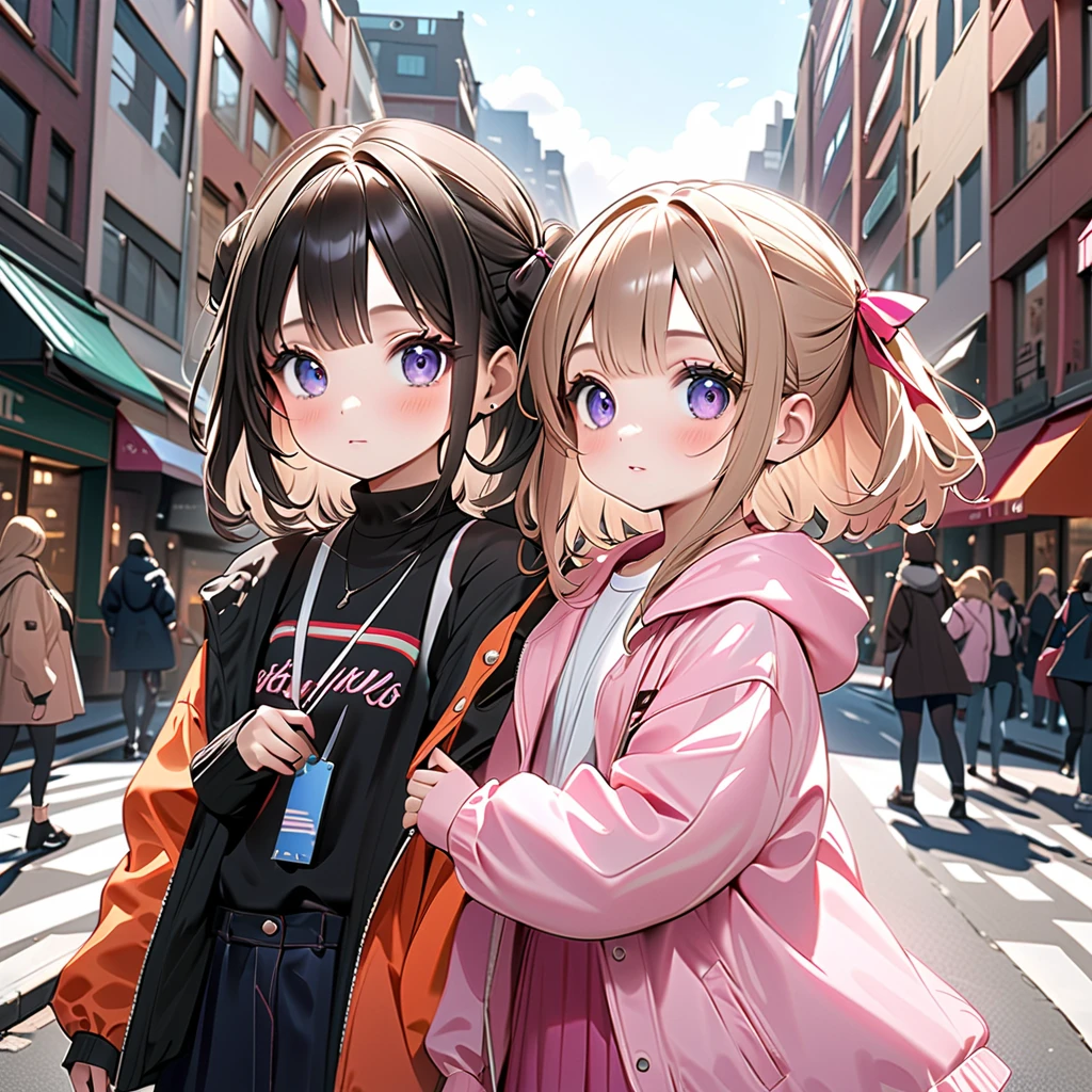 Crowded Downtown,Long-sleeved T-shirt with a revealing chest,Navel Fashion,Oversized jacket,Shorts and knee-high socks,garterbelts,long boots, Light Brown Straight Hair,Eyes are pink,Wear sunglasses、Wearing a hat with a brim,Shoulder bag,Tapioca Drink,slightly red cheeks,A smile,Smile a little depressed and embarrassed,Ring earrings,Packed with accessories such as necklaces and rings,gals