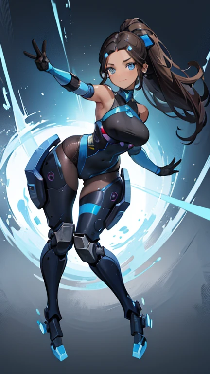 Katara, teenage, blue eyes, dark-skinned female, darker skin, brown skin, dark brown hair, ponytail, high neck, blue leotard (sleeveless), blue elbow gloves, blue thigh boots, 1girl, solo, blush, smile, slim, huge breasts, Cyborg with Mechanical Arms and Mechanical legs, mechabare, robot joints, cyberpunk, cyberpunk cyborg, white background, clear background, high resolution, female focus, solo focus, ((cute and beautiful girl), , HDR, (Rembrandt lighting), straight on, full body, standing, facing viewer, 