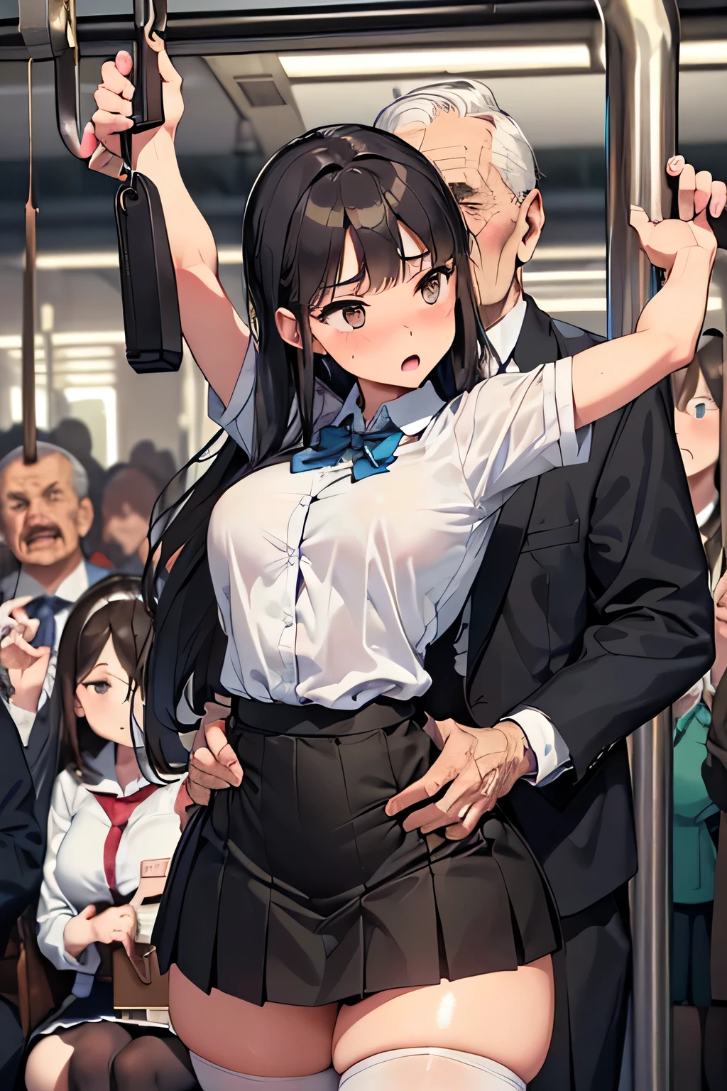 (SFW), ((photorealistic)), (masterpiece), (best quality:1.3), absurdness, [:intricate details1.3], SFW, realistic, masterpiece, (((VERY crowded subway train interior detailed scenario, VERY crowded subway train interior detailed background))), standing insanely hot (****************1) using ((school uniform)), ((behind skirt lifted)), ((3/4 white stockings)), ((big ass)), ((thick thighs)), ((arms up)), ((fear/shocked expression)), (blushed face), ((perfect body proportions)), ((very old/ elder man pressing his pelvis against young woman 1 ass)), (((very old/ elder man pressing his chest on young woman 1 back))) and (((holding her hips))).