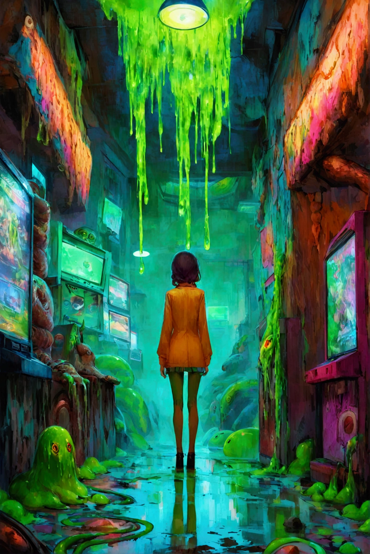  close-up of a woman standing in a game center with green floors, Green Slime, Green Slime everywhere, Neon Radioactive Swamp , Green Slime dripping, Alien's room, Cosmic horror style, Ectoplasm, Indie Video Game Horror, alternate  album cover , Oozing,  album cover ,  just a joke , Slime and tentacles, Reptile slime