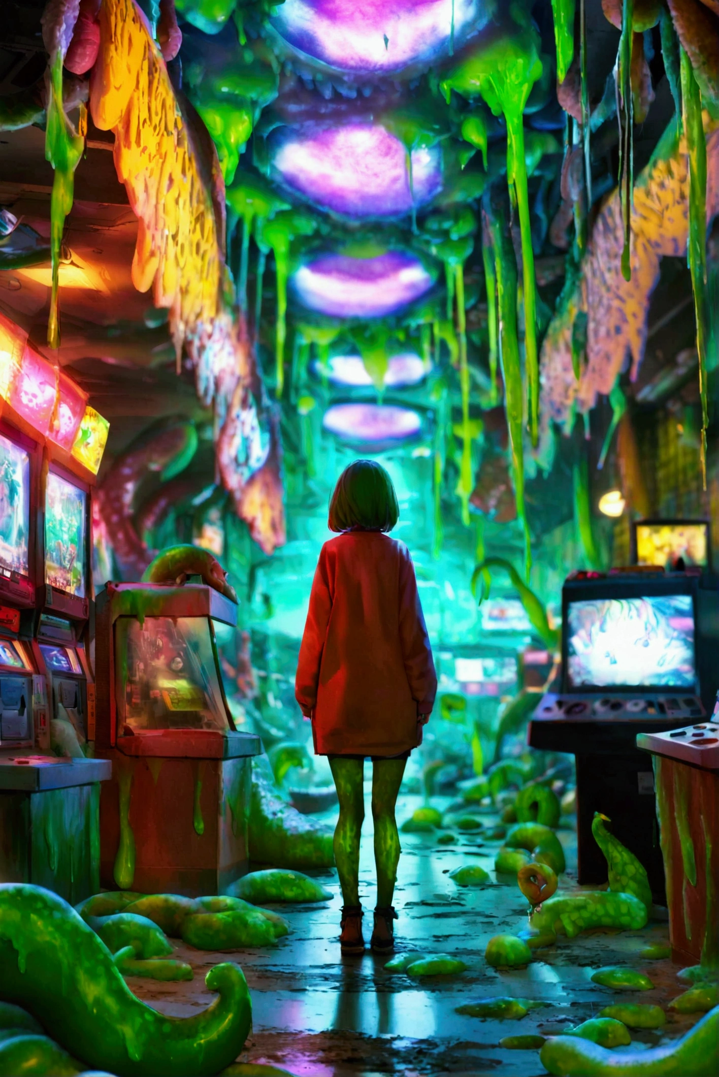  close-up of a woman standing in a game center with green floors, Green Slime, Green Slime everywhere, Neon Radioactive Swamp , Green Slime dripping, Alien's room, Cosmic horror style, Ectoplasm, Indie Video Game Horror, alternate  album cover , Oozing,  album cover ,  just a joke , Slime and tentacles, Reptile slime