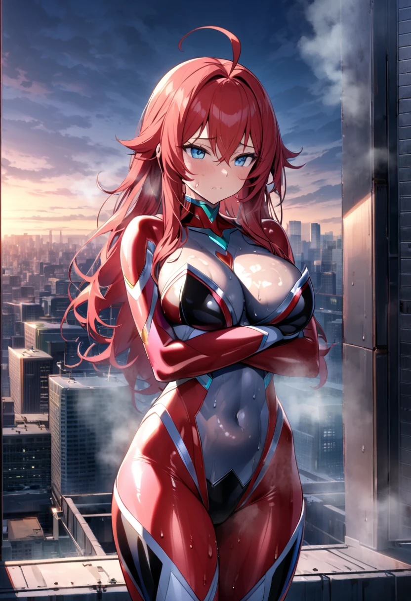 Look at the smartphone (inside the smartphone screen, red hair, long hair, ahoge, blue eyes, large breasts, sweaty body, steam, Taimanin bodysuit, Taimanin leotard, arms crossed, city of buildings, rooftop of a building)