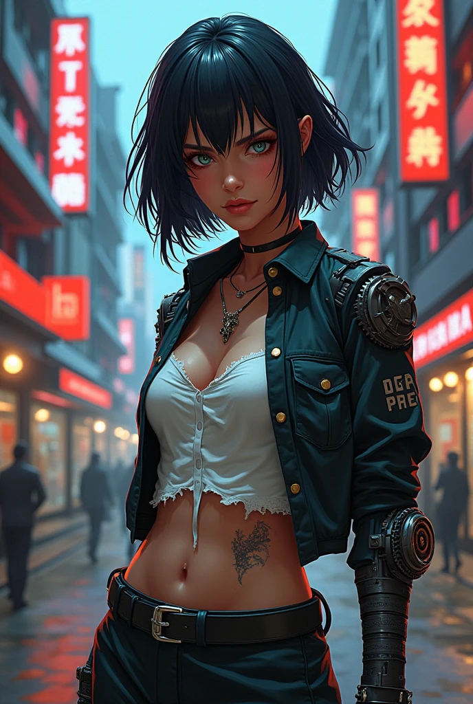 anime, woman, beefy, cyberpunk, short haircut, hairstyle with shaved temple, Prostheses, strong, tattoos, piercing