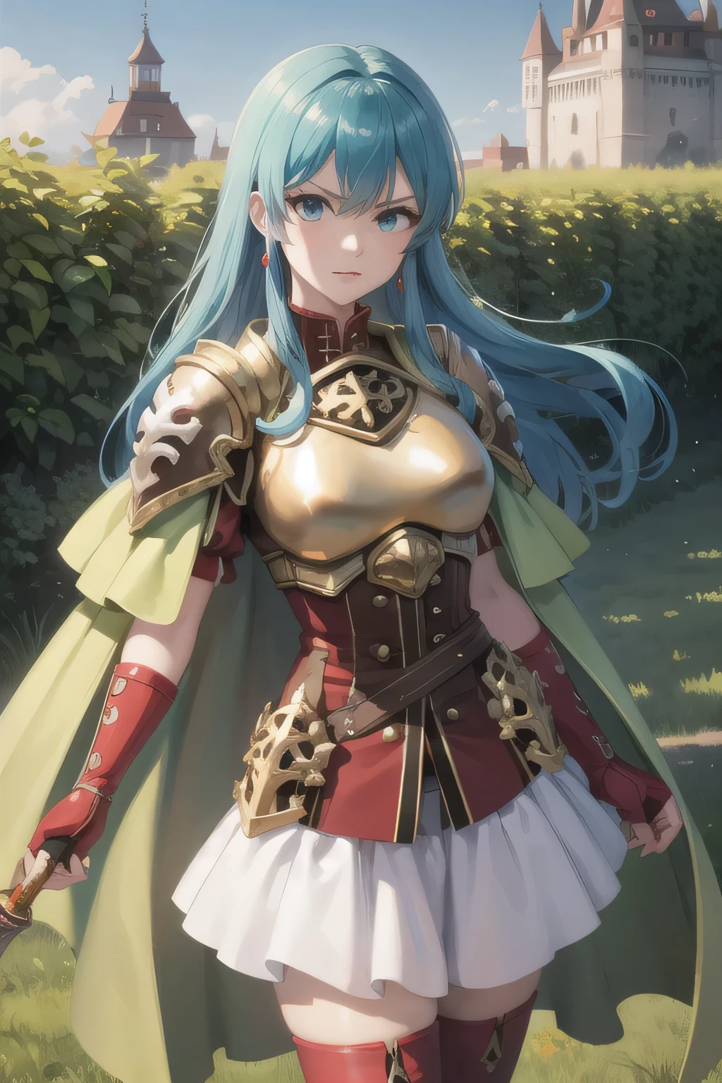 (holding_sword,sword),angry, def_eirika,armor, white skirt, breastplate,  yellow cape, zettai ryouiki, fingerless gloves, thighhighs, thigh boots, jewelry, earrings, puffy short sleeves, shoulder armor,belt,red shirt,garden,castle,outdoors,(masterpiece, best quality, ultra-detailed, best shadow), 