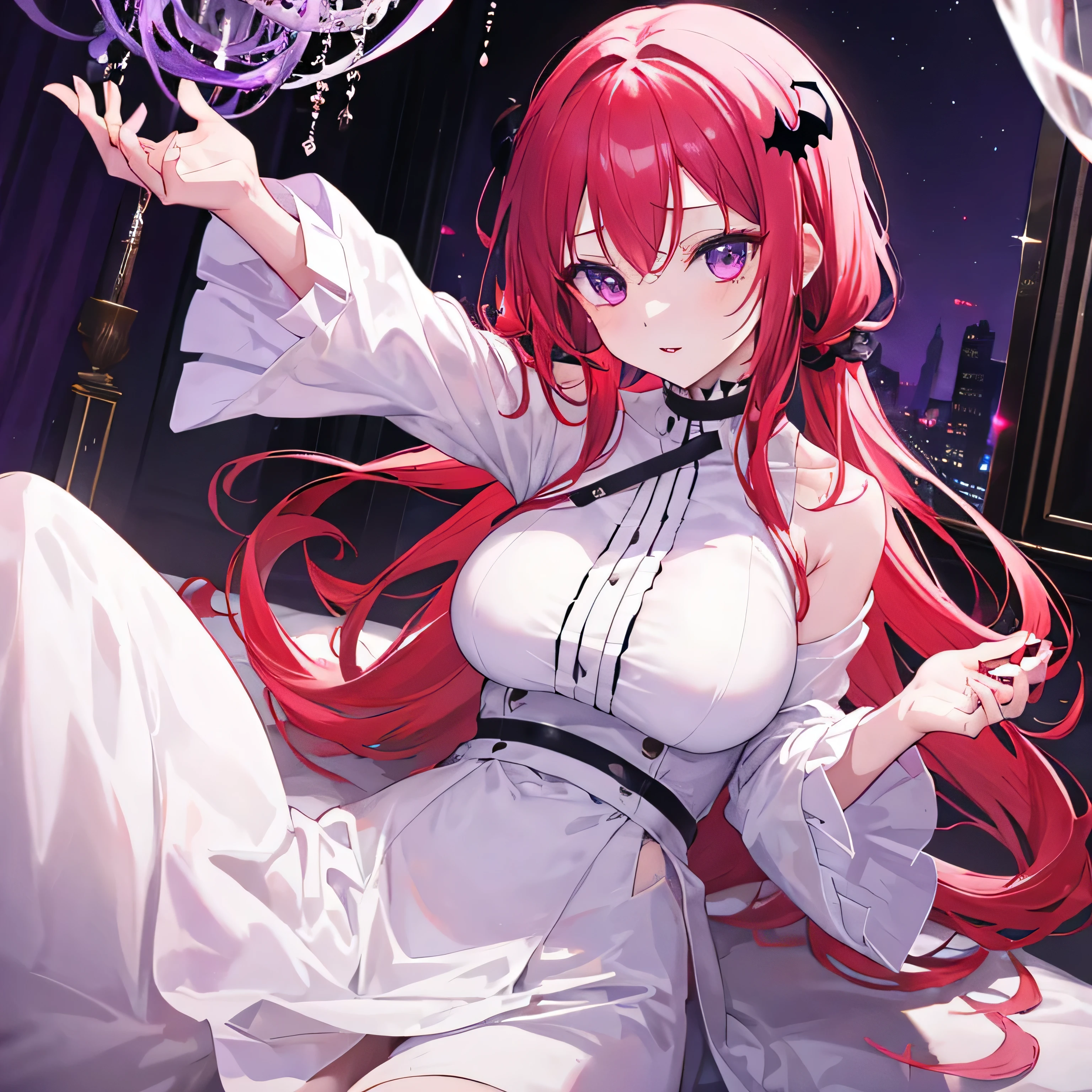 (masterpiece:1.3), (best quality:1.1), (8k, ultra detailed, ultra high res:1.2), ((anime style)), perfect 5 fingers, perfect anatomy, 
1girl,
BREAK long hair, 
pink hair, 
purple eyes,  
long dress, white dress, long sleeve, frill, frill skirt, detached sleeves, shoulder hole tops
looking at viewer, smile, standing, 
(cowboy shot1.5), 
perfect light, 
(detailed background:1.2), space, sun, star, moon, the cosmos, galaxy, 