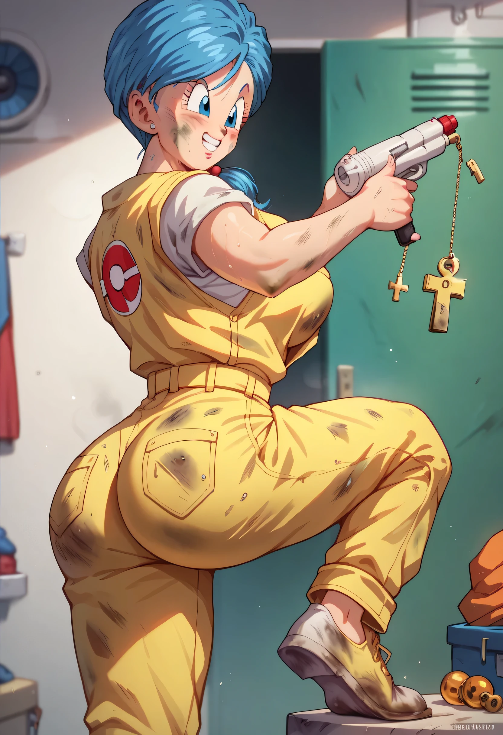 Bulma,  light blue hair , from dragon ball,  with a yellow jumpsuit , Dirty,  smiling, sweating, putting together a key ,  assembling an energy gun ,  in a workshop big breasts and a raised butt 