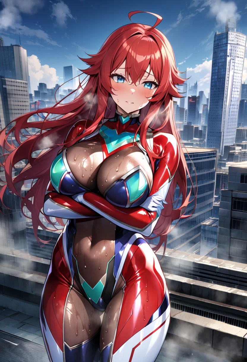 Look at the smartphone (inside the smartphone screen, red hair, long hair, ahoge, blue eyes, large breasts, sweaty body, steam, Taimanin bodysuit, Taimanin leotard, arms crossed, city of buildings, rooftop of a building)