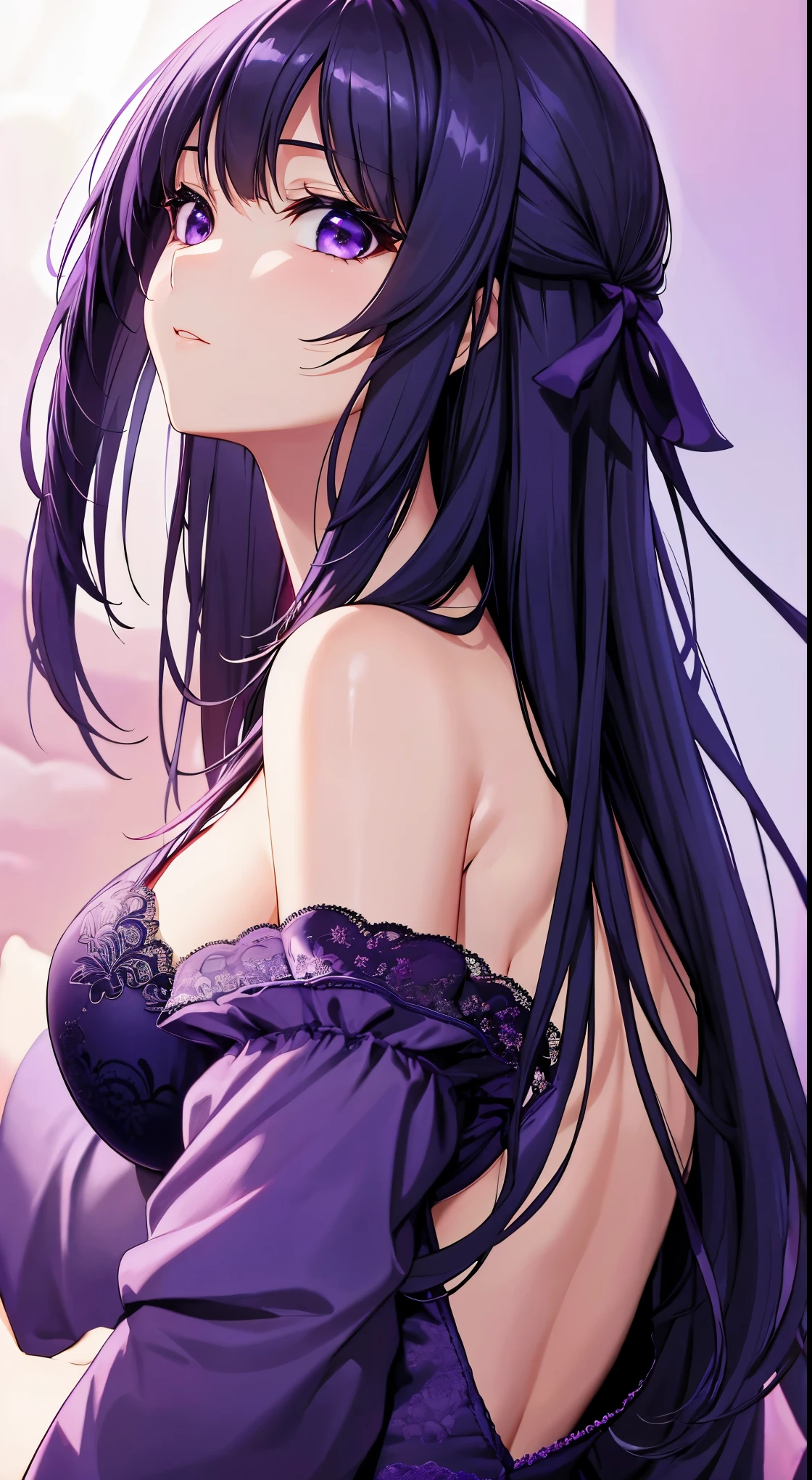 Akane Ryuzoji、 ( best quality) 、 ( best quality) 、(masterpiece)、(8k resolution),Beauty、( It looks like an adult)( Perfect Style )、( Big Breasts )、 、dark blue long hair、Purple ribbon、 Watch ecstasy、(Approaching)、 Purple Lace Underwear、Purple lace bra、 Sexy Poses