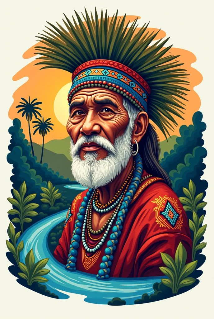 logotype, white background, silhueta da shanty town, with the lights on, realisitic, perfect, in front a Brazilian Caboclo, large headdress in green colors, red and white, with a pipe in his mouth, making smoke. Indigenous caboclo, with a goatee to grow, wrinkle on the face, no earring, green clothes, shanty town, white background 