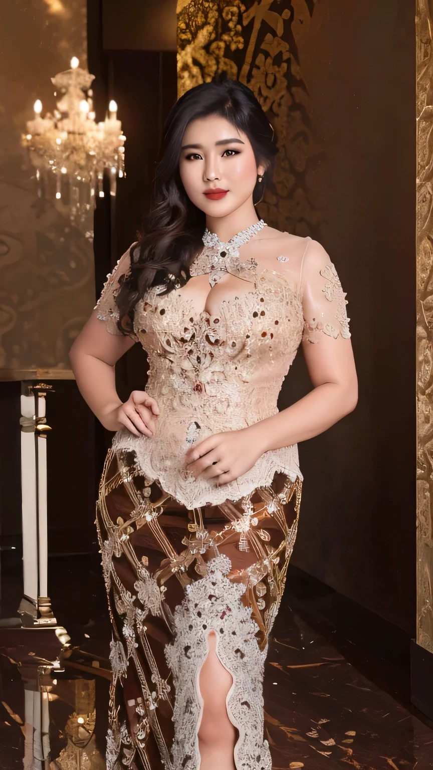 (best quality,4k,highres,masterpiece:1.2),ultra-detailed,realistic:1.37,beautiful and regal Javanese queen with hijab,dark and luxurious palace backdrop,beautiful detailed eyes and face,long eyelashes,voluptuous and curvy figure,exquisite jewelry and accessories,ornate and intricate patterned textiles,dazzling crown and royal attire,golden light illuminating the scene,vibrant and vivid color palette,soft and ethereal lighting,confident and alluring expression,graceful and elegant pose,serene and majestic atmosphere,rich cultural elements and symbols,meticulously captured body contours,subtle and tasteful sensuality,endless attention to every detail,romantic and dreamlike ambiance,artistic interpretation of beauty,stylish and sophisticated composition.