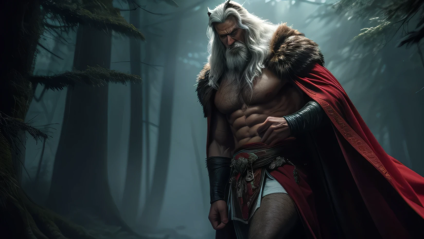 A very muscular guy with a spirit on his shoulder