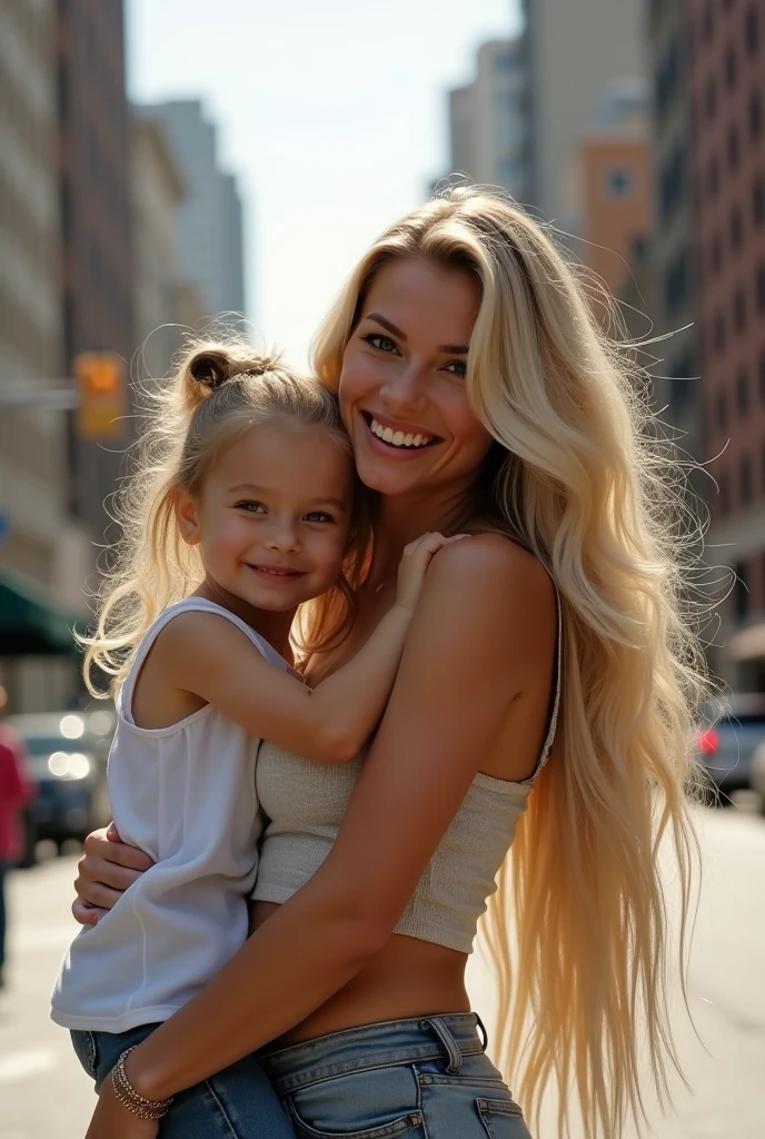 Blonde child with blue eyes, hugging her blonde mother with green eyes and very long hair along with her dark-haired father with brown eyes but streets of NY 8k ultra-realistic