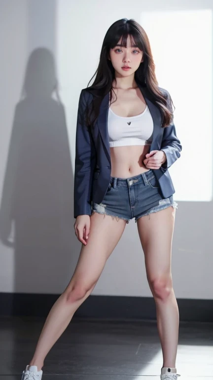 (8k), (highest quality: 1.2), (Realistic), (Realistic: 1.37), Ultra-high resolution, 1 girl, cute, (Embarrassed smile:1.2), (Blushing:1.4)Mouth closed, Beautiful details, Beautiful Nose, silky black Hair, Thighs,Navel exposed,University Student Uniform,A simple spancall blazer, tiny black hot pants,Platform boots,Dancing on the school stage,(Shiny Thighs:1.2),Medium Shot,(Thick thighs:1.2),Super Low Angle, silky skin thighs,Dance vigorously,(kim chaewon:1.0),(loose sox:1.2),