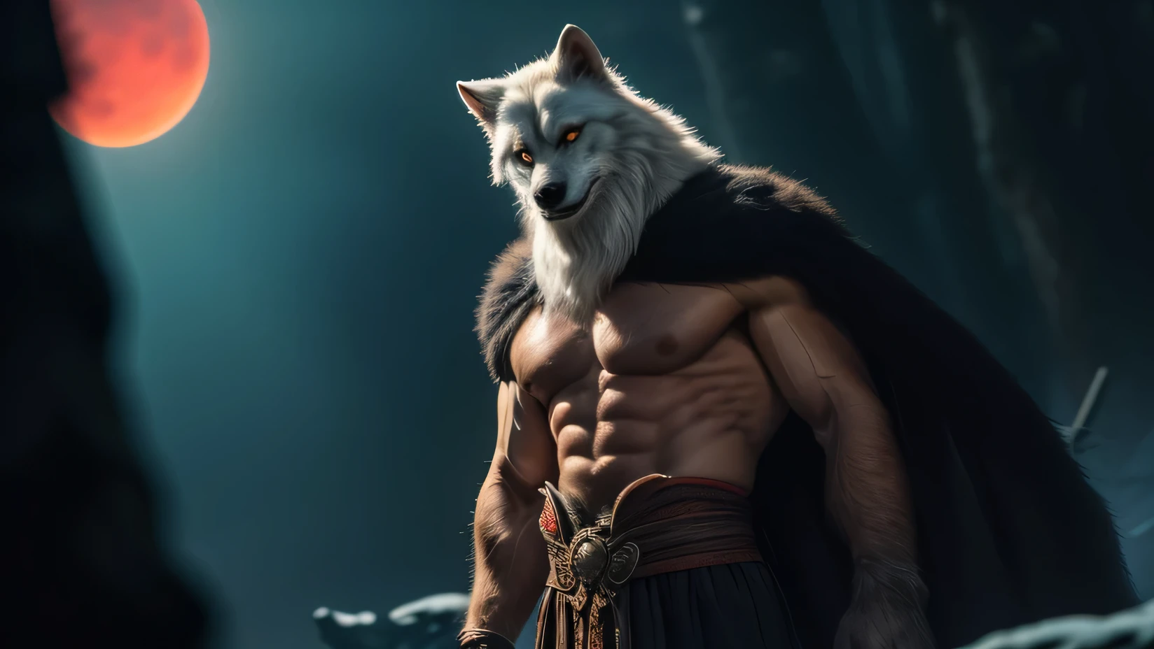 A white-furred werewolf, with golden eyes and athletic body, en una pose estilo rage, recordando el terror que generan esas bestias en las leyendas o mitos donde suelen ser retratados