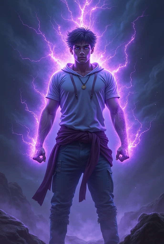 It generates a young man with incredible power with a purple blue aura shooting out rays 